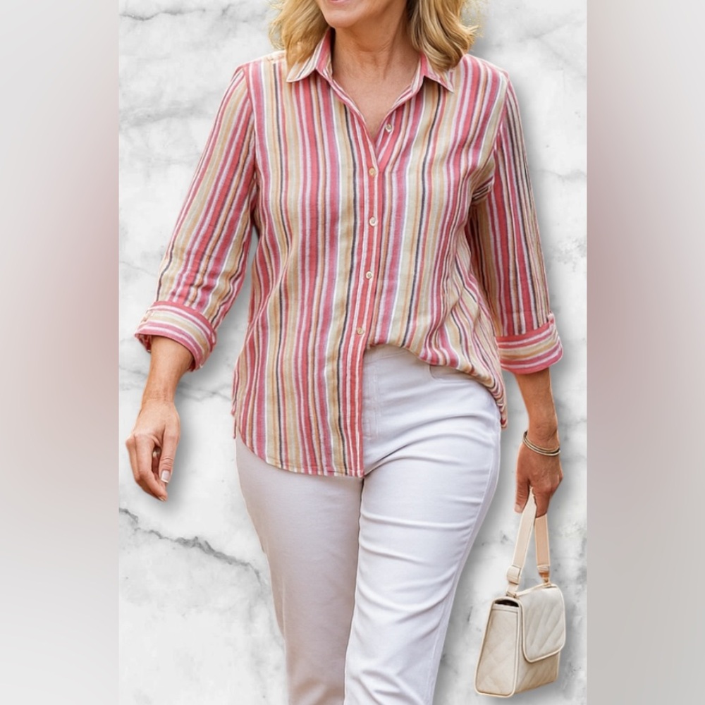 Chicos 100% Linen Striped Button Up Blouse Top Size M - Picture 1 of 11